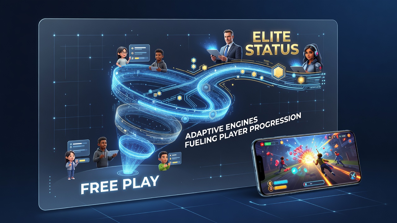 Advanced mobile game dashboard illustrating elite player tiers, personalized challenges, and cross-platform progression tracking