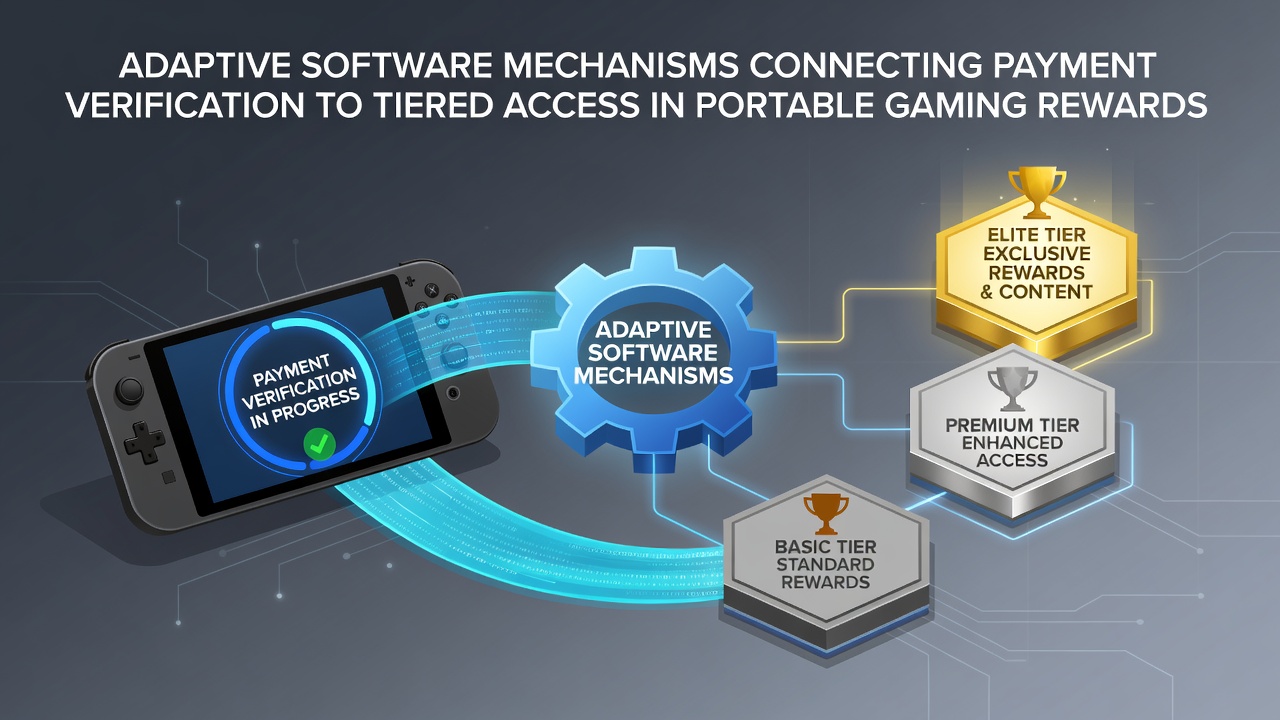 Diagram illustrating adaptive software flow from payment verification to tiered access in mobile reward systems
