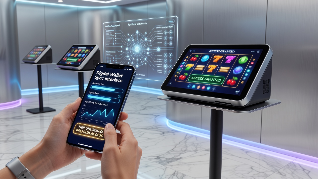 Algorithm dashboard displaying tiered access levels synced to digital wallet transactions