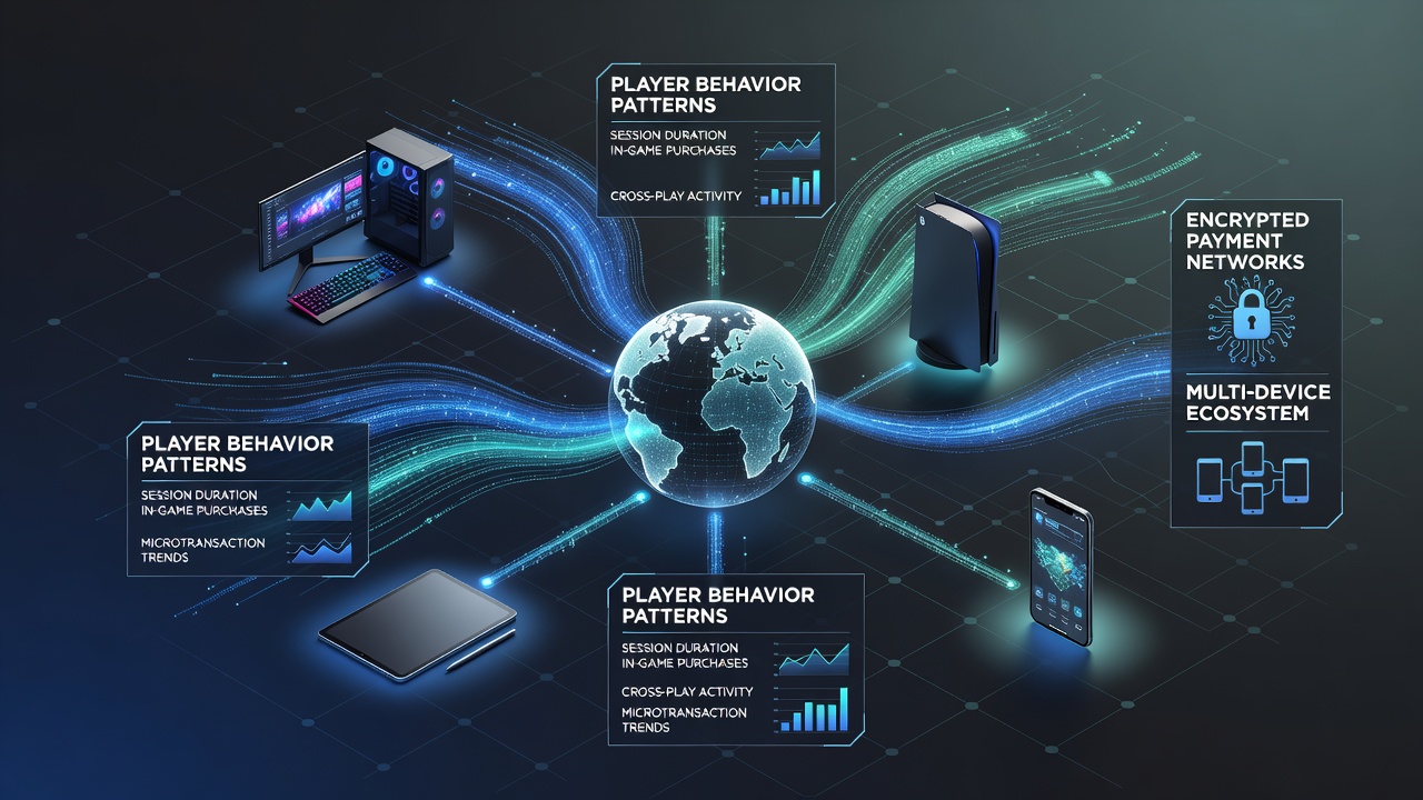 Diagram showing player session transitions between mobile, desktop, and console devices within secure payment infrastructures