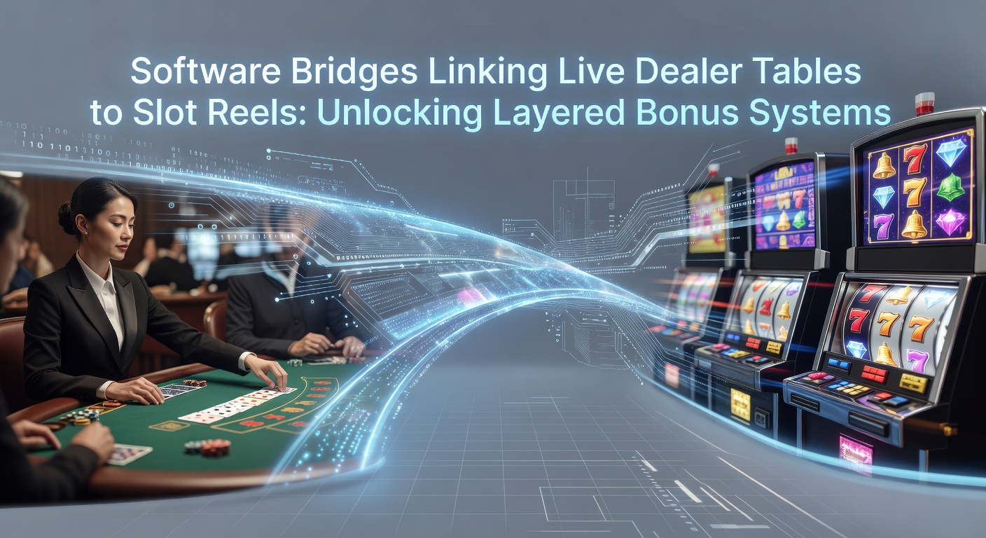 Diagram showing software bridge connecting a live dealer blackjack table to colorful slot reels with bonus icons flowing between them