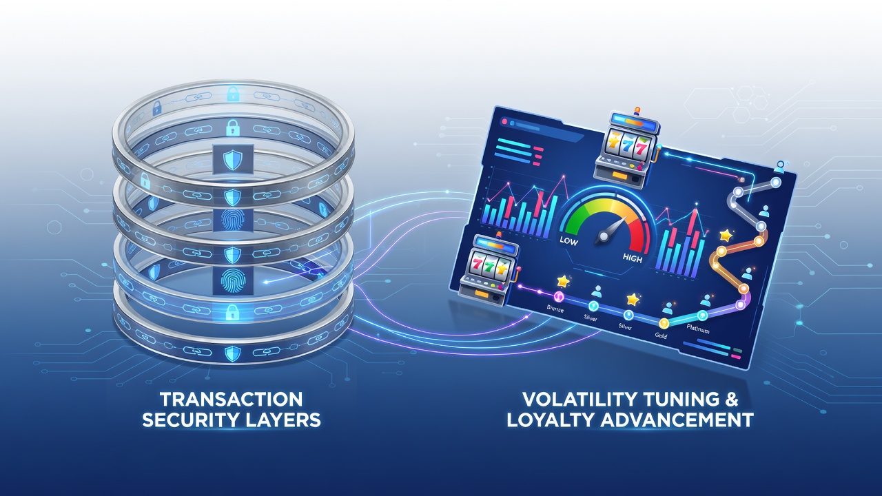 Mobile slot interface showing secure transaction icons and volatility adjustment sliders in a loyalty program dashboard