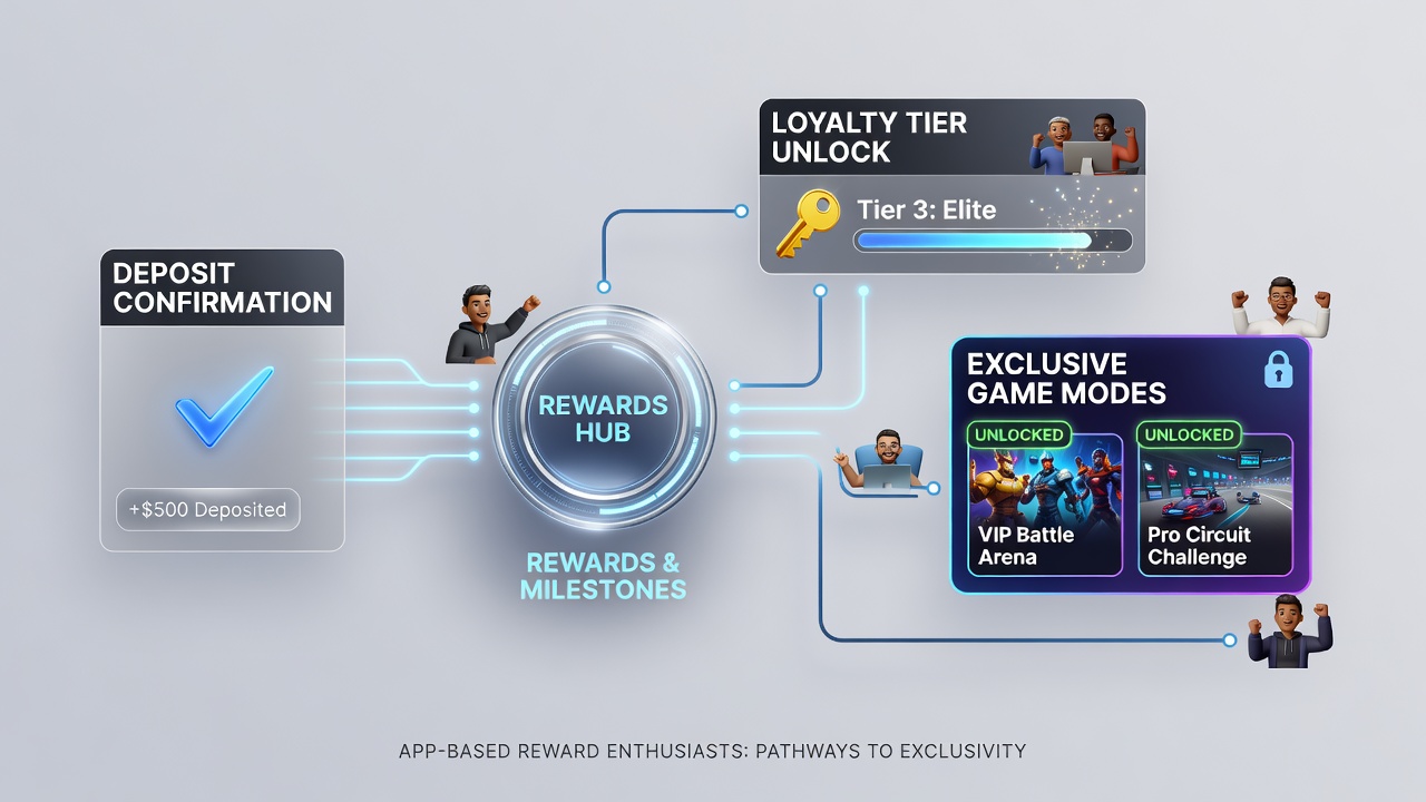Mobile app interface displaying progression from deposit confirmation to exclusive game mode access