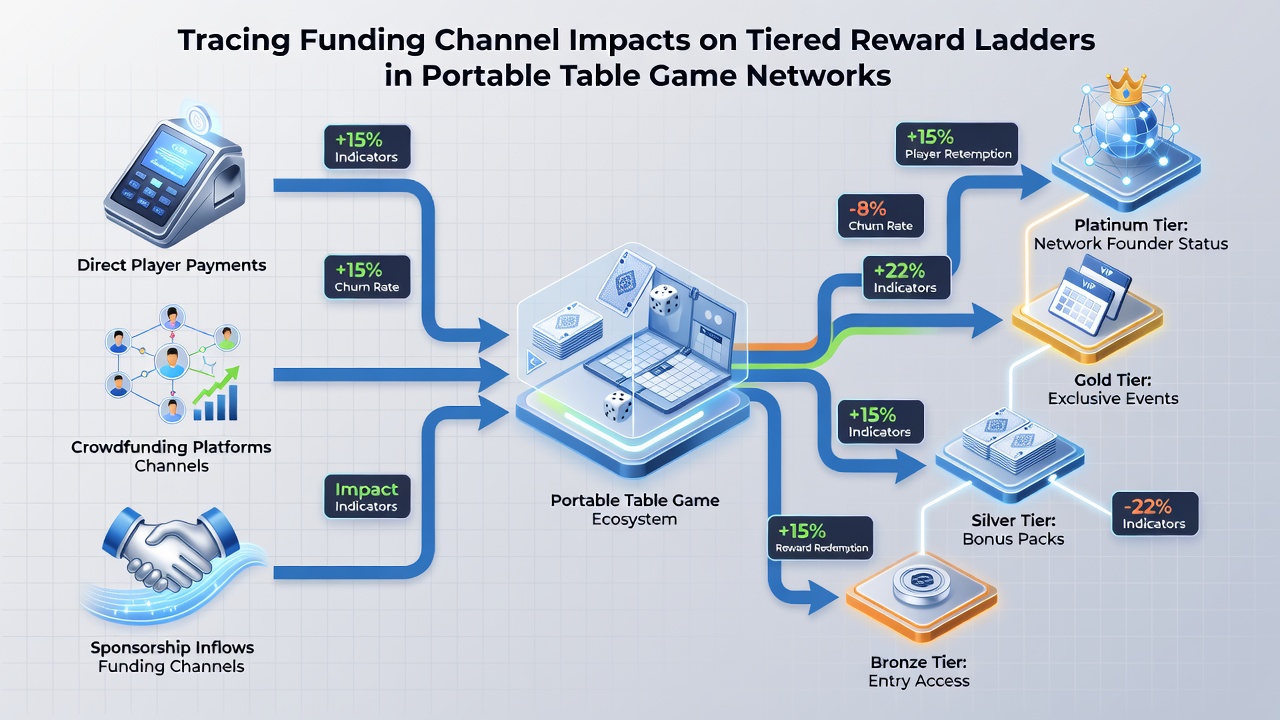 Network diagram illustrating connections between funding channels, loyalty tiers, and mobile table game sessions