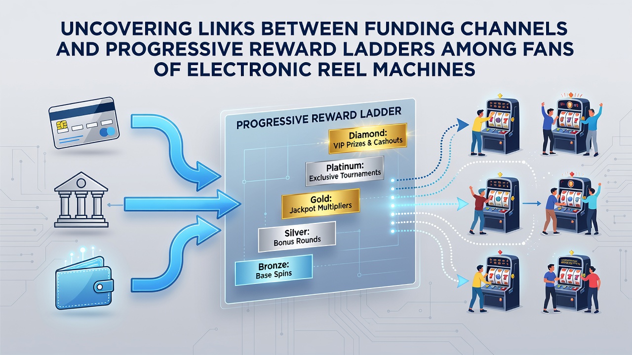 Electronic reel machines displaying progressive reward tiers and funding channel icons on a digital casino interface